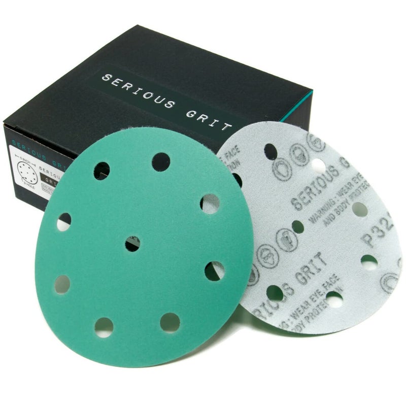 Serious Grit - 5-Inch 9-Hole 320 Grit Sanding Discs - Heavy-Duty Hook & Loop Film Discs - Sandpaper for Random Orbital Sanders - 50 Pack Box - Image 1